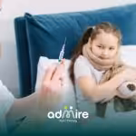 Healthcare worker with syringe as autistic child hugs toy, symbolizing vaccine-related autism concerns.