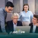 An ABA team gathered around a laptop during a meeting discussing reports and collaborating on project strategy in an office.