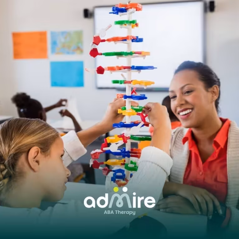 Autistic girl builds colorful structure with adult guidance, showing hands-on ABA therapy for behavior support.