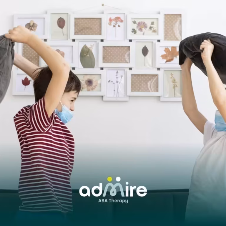 Autistic kids in masks playfully hit pillows indoors, symbolizing emotional overwhelm and varied stress responses.