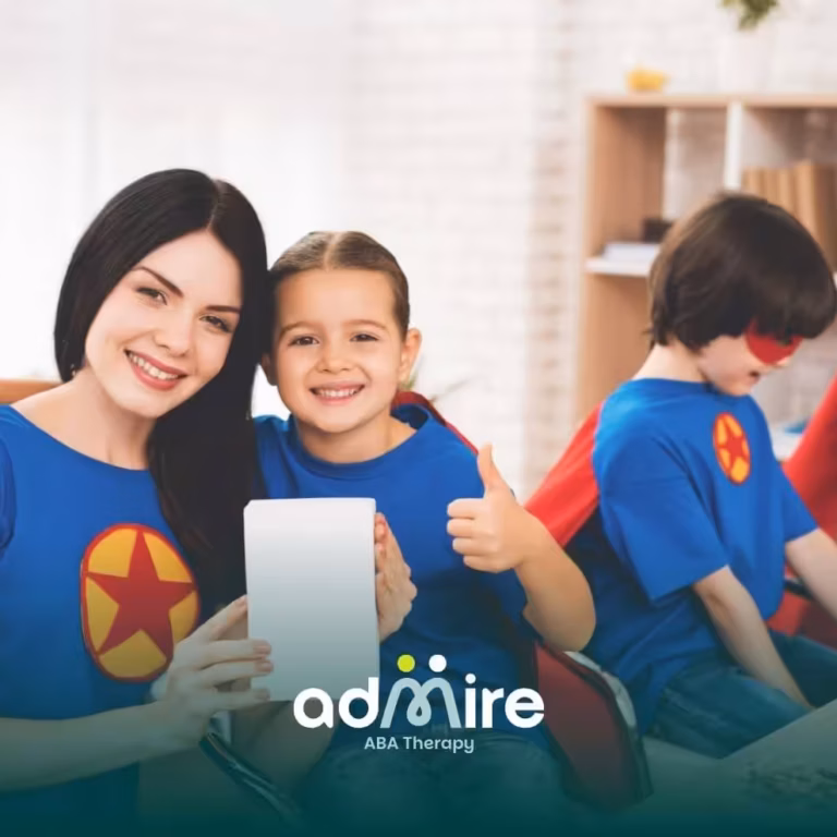 Therapist & autistic girl in superhero costumes smiling at camera, promoting confidence, bonding, and positive behavior