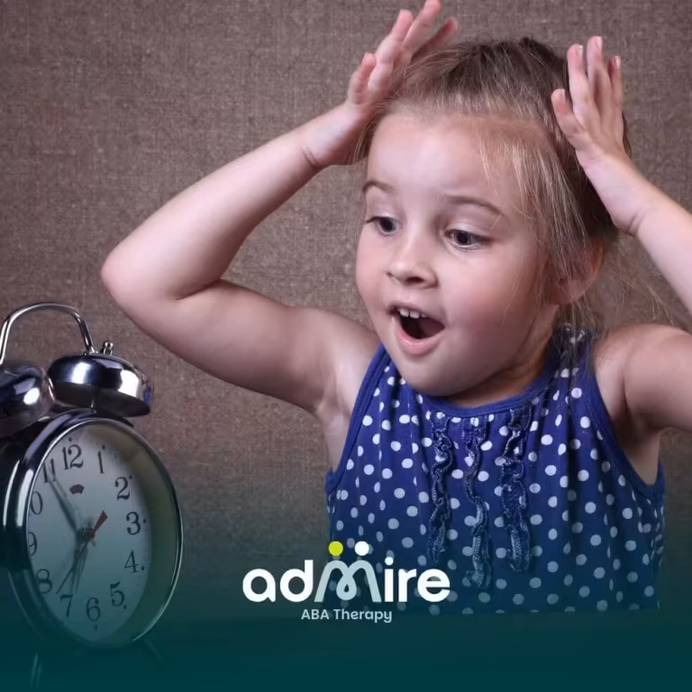  Autistic girl reacts with surprise while looking at an alarm clock, illustrating time awareness and daily routine challenges
