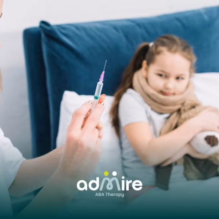 Healthcare worker with syringe as autistic child hugs toy, symbolizing vaccine-related autism concerns.