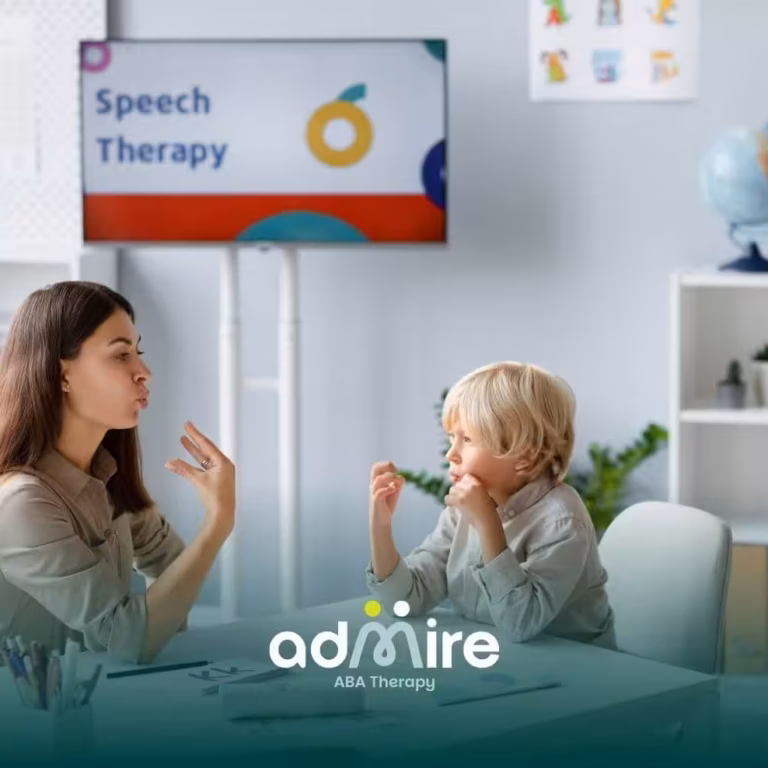 Speech therapist & autistic child practicing communication skills during an interactive speech therapy session in a clinic.
