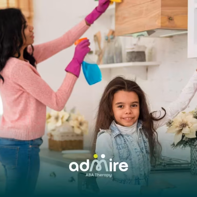 Therapist & autistic girl cleaning kitchen cabinets together, practicing daily living skills and household responsibilities
