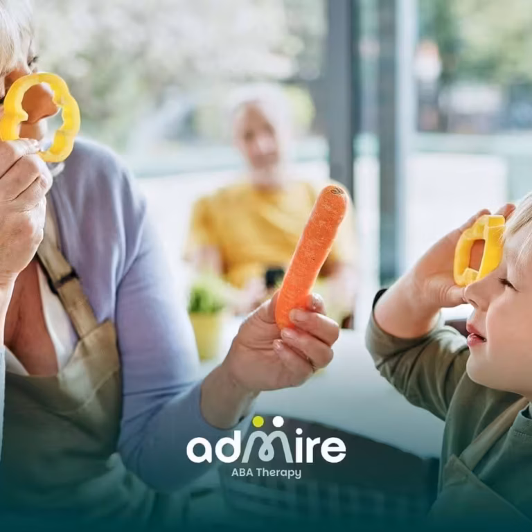Therapist and autistic boy play with vegetable cutters in a kitchen, representing learning and developmental interaction.
