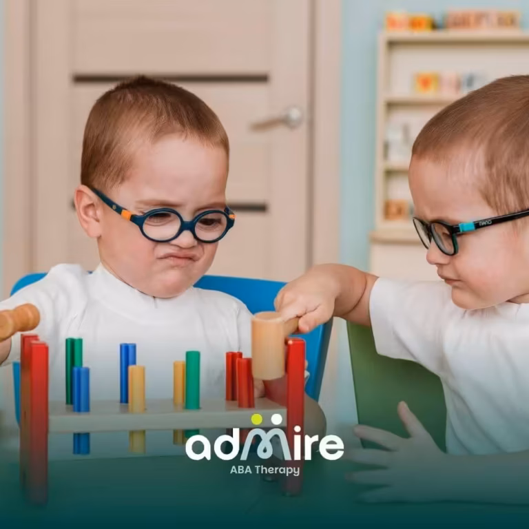 Two autistic boys wearing glasses play with wooden toy, building motor skills, focus, and early developmental coordination